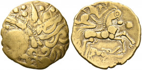 Northwest Gaul. Aulerci Eburovices. Late 3rd-early 2nd century BC. Hemistater (Gold, 18 mm, 3.45 g, 12 h), "à la joue tatouée" type. Celticized head o...