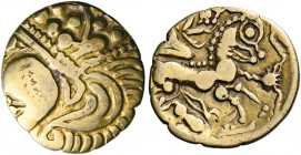 Northwest Gaul. Aulerci Eburovices. Late 3rd-early 2nd century BC. Quarter Stater (Gold, 15.5 mm, 1.51 g, 2 h), "à la joue tatouée" type. Celticized h...