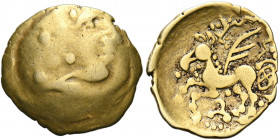Northwest Gaul. Uncertain tribe. Circa 220-180 BC. Quarter Stater (Gold, 15 mm, 1.81 g, 12 h), "au griffon ailé" series. Almost obliterated celticized...