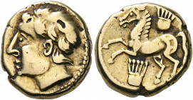 Central Gaul. Arverni. Vercingetorix(?), 1st century BC. Stater (Gold, 17 mm, 7.47 g, 10 h), "aux deux lyres type". Bare male head to left. Rev. Unbri...