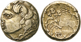 Central Gaul. Bituriges Cubi. Late 2nd - early 1st century BC. Stater (Electrum, 18 mm, 7.34 g, 1 h), "à la victoire ailée" type. Celticized male head...