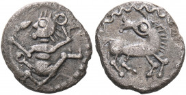 Central Europe. Rhineland. Circa 65-45 BC. Quinarius (Silver, 13 mm, 1.60 g, 2 h), Tanzendes Männlein type. Male figure dancing to right, his head tur...