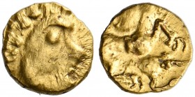 Central Europe. Vindelici. Late 3rd - early 2nd century BC. 1/24 Stater (Gold, 6 mm, 0.33 g, 3 h), "Androkephales Pferd I" type. Male head to right wi...