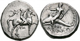 CALABRIA. Tarentum. Circa 330-325 BC. Didrachm or nomos (Silver, 20 mm, 7.99 g, 2 h), struck under the magistrates Sim... and Her... Nude youth riding...