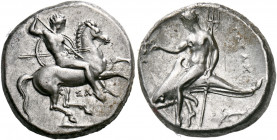 CALABRIA. Tarentum. Circa 315-302 BC. Didrachm or nomos (Silver, 21 mm, 7.89 g, 6 h), struck under the magistrates Sa... and So... ΣA Warrior on horse...