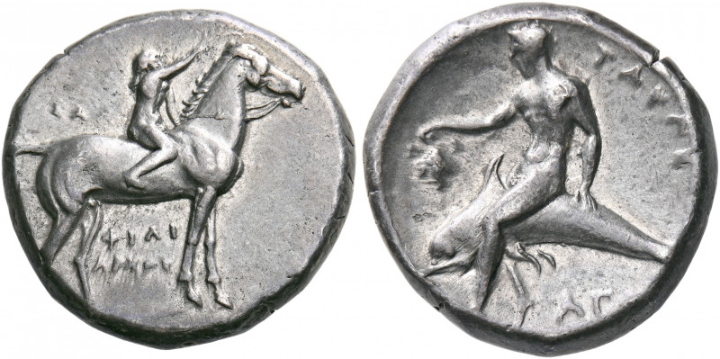 CALABRIA. Tarentum. Circa 302-280 BC. Didrachm or nomos (Silver, 20 mm, 7.89 g, ...