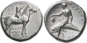 CALABRIA. Tarentum. Circa 302-280 BC. Didrachm or nomos (Silver, 20 mm, 7.89 g, 12 h), struck under the magistrates Philiarchos, Sa... and Aga.... ΦIΛ...