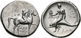 CALABRIA. Tarentum. Circa 302-280 BC. Didrachm or nomos (Silver, 22 mm, 7.90 g, 6 h), struck under the magistrates Sa.., Arethon and Sas... Nude youth...