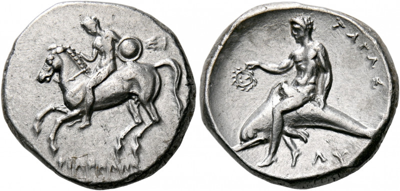 CALABRIA. Tarentum. Circa 302-280 BC. Didrachm or nomos (Silver, 22 mm, 7.78 g, ...