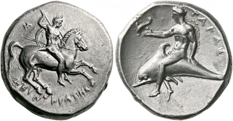 CALABRIA. Tarentum. Circa 302-280 BC. Didrachm or nomos (Silver, 21.5 mm, 7.82 g...