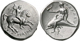 CALABRIA. Tarentum. Circa 302-280 BC. Didrachm or nomos (Silver, 21.5 mm, 7.82 g, 12 h), struck under the magistrates, Si... and Deinokrates. Nude rid...