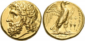 CALABRIA. Tarentum. Circa 280 BC. Stater (Gold, 18 mm, 8.53 g, 8 h). Laureate and bearded head of Zeus to left; behind head, monogram of ΝIΚ. Rev. ΤΑΡ...