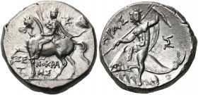 CALABRIA. Tarentum. Circa 240-228 BC. Nomos (Silver, 19 mm, 6.63 g, 11 h), struck under the magistrates Xenokrates and So.... ΞΕ-ΝΟΚΡΑ/Τ- ΗΣ Armored c...