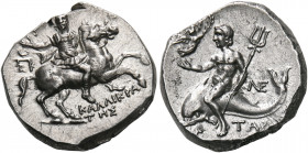 CALABRIA. Tarentum. Circa 240-228 BC. Nomos (Silver, 18.5 mm, 6.51 g, 2 h), struck under the magistrates Kallikrates, Epikr... and Ne.... Bareheaded, ...