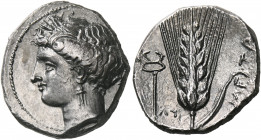 LUCANIA. Metapontum. Circa 340-330 BC. Didrachm or nomos (Silver, 21 mm, 7.74 g, 5 h), struck under the magistrate Ly... Head of Demeter to left, wear...