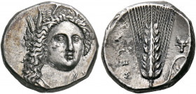 LUCANIA. Metapontum. Circa 330-290 BC. Nomos (Silver, 20 mm, 7.88 g, 7 h), struck under the magistrates Ap... and Atha... Head of Demeter facing, turn...