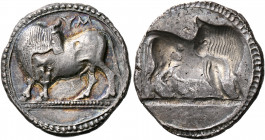 LUCANIA. Sybaris. Circa 550-510 BC. Nomos (Silver, 27.5 mm, 8.24 g, 12 h). ΜV (retrograde) Bull standing to left on dotted ground line, his head turne...