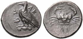 SICILY. Akragas. Circa 450-440 BC. Litra (Silver, 10 mm, 0.81 g, 1 h). ΑΚ - RΑ Eagle, with closed wings, standing left on Ionic column capital. Rev. Λ...