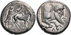 SICILY. Gela. Circa 480/75-475/70 BC. Tetradrachm (Silver, 24 mm, 17.13 g, 10 h). Charioteer driving a quadriga slowly to right; above, Nike flying ri...