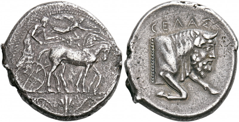 SICILY. Gela. Circa 450-440 BC. Tetradrachm (Silver, 28 mm, 16.51 g, 8 h). Quadr...