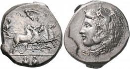 SICILY. Kamarina. Circa 425-405 BC. Tetradrachm (Silver, 27 mm, 16.23 g, 5 h), signed by the engraver Exakestidas on the obverse. Athena, wearing helm...