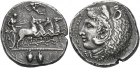 SICILY. Kamarina. Circa 425-405 BC. Tetradrachm (Silver, 28 mm, 17.00 g, 4 h), signed by the engraver Exakestidas on the obverse. Athena, wearing helm...