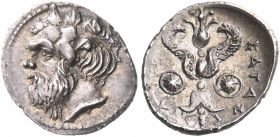 SICILY. Katane. Circa 415/3-404 BC. Litra (Silver, 12 mm, 0.84 g, 6 h). Head of Silenos to left, wearing ivy wreath. Rev. ΚΑΤΑΝΑΙΩΝ Winged thunderbolt...
