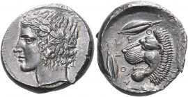 SICILY. Leontini. Circa 430-425 BC. Tetradrachm (Silver, 24 mm, 17.31 g, 9 h), by the "Maestro della foglia". Laureate head of Apollo to left. Rev. ΛΕ...
