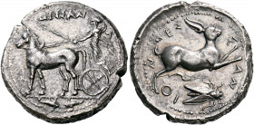 SICILY. Messana. 420-413 BC. Tetradrachm (Silver, 28 mm, 16.99 g, 1 h). ΜΕΣΣΑΝ-Α Biga of mules walking to left, driven by the Nymph Messana, standing ...