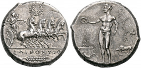 SICILY. Selinos. Circa 417/413 BC. Tetradrachm (Silver, 25 mm, 17.18 g, 3 h). ΣΕΛΙΝΟΝΤΙΟN Nike standing right, driving a fast quadriga galloping to th...