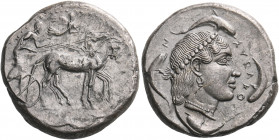SICILY. Syracuse. Second Democracy, 466-405 BC. Tetradrachm (Silver, 26 mm, 17.00 g, 11 h), c. 460-450. Charioteer driving quadriga walking to right, ...