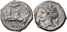 SICILY. Syracuse. Period of the Second Democracy - Dionysios I, 413-399 BC. Tetradrachm (Silver, 25 mm, 17.27 g, 10 h), signed by Parmenides on the re...