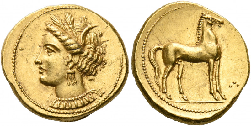 CARTHAGE. Circa 350-320 BC. Stater (Gold, 20-5 mm, 9.38 g, 3 h). Head of Tanit t...