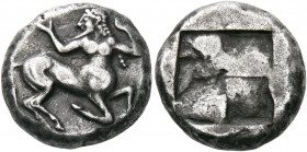 THRACO-MACEDONIAN TRIBES. Orreskioi (?). Circa 500-480 BC. Stater (Silver, 18 mm, 9.62 g). Bearded centaur galloping to right, his head turned back to...