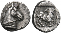 THRACO-MACEDONIAN TRIBES. Uncertain. Circa 465-450 BC. Obol (Silver, 10 mm, 0.97 g, 6 h). Head of a bridled horse to right. Rev. He-goat kneeling to r...
