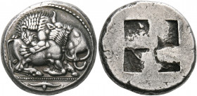 MACEDON. Akanthos. Circa 500-480 BC. Tetradrachm (Silver, 25 mm, 17.11 g, 12 h). Lion to left, attacking bull kneeling to right, his head lifted to ri...