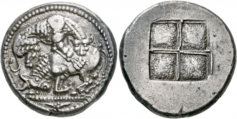 MACEDON. Akanthos. Circa 500-480 BC. Tetradrachm (Silver, 26 mm, 17.22 g). Lione...