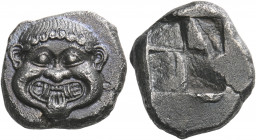 MACEDON. Neapolis. Circa 500-480 BC. Stater (Silver, 22 mm, 9.06 g), c. 500. Facing Gorgoneion with gnashing teeth and extended tongue. Rev. Quadripar...