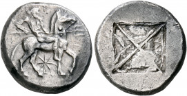 MACEDON. Potidaia. Circa 485-480 BC. Tetradrachm (Silver, 25 mm, 16.99 g), Euboic standard. Poseidon Hippios, nude, riding horse walking to right, hol...