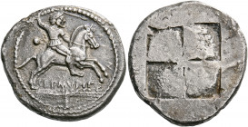 MACEDON. Sermyle. Circa 500-470 BC. Stater (Silver, 29 mm, 16.64 g), Euboic standard. SERMYΛIAO-N Armored warrior, holding spear aloft in his raised r...