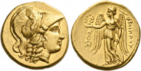 KINGS OF MACEDON. Philip III Arrhidaios, 323-317 BC. Stater (Gold, 19.5 mm, 8.55 g, 10 h), Lampsakos. Head of Athena to right, wearing pendant earring...