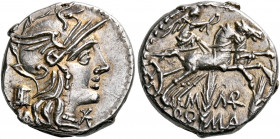 M. Marcius Mn.f, 134 BC. Denarius (Silver, 17 mm, 3.91 g, 2 h), Rome. Helmeted head of Roma to right, wearing earring and pearl necklace; behind, modi...