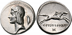 L. Calpurnius Piso Frugi, 90 BC. Denarius (Silver, 17 mm, 3.88 g, 6 h), Rome. Diademed head of Apollo to left; behind, fruit (?). Rev. C PISO L F FRVG...