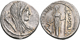 L. Hostilius Saserna, 48 BC. Denarius (Silver, 3.89 g, 12 h), Rome. Bare head of a Gallic woman to right, with long disheveled hair; behind, carnyx. R...