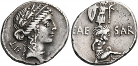 Julius Caesar, 48-47 BC. Denarius (Silver, 19 mm, 3.95 g, 9 h), Military mint traveling with Caesar in Spain. Laureate female head (Clementia?) to rig...
