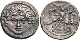 L. Plautius Plancus, 47 BC. Denarius (Silver, 20.5 mm, 4.08 g, 6 h), Rome. L · PLAVTIVS Head of Medusa facing with disheveled hair, but lacking her us...