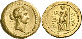 C. Vibius Varus, 42 BC. Aureus (Gold, 21 mm, 8.00 g, 7 h), Rome. Laureate head of Apollo to right. Rev. C • VIBIVS - VARVS Venus standing left, half d...
