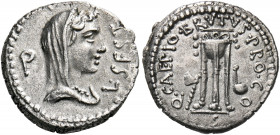 Q. Servilius Caepio Brutus (Marcus Junius Brutus), 42 BC. Denarius (Silver, 17.5 mm, 3.64 g, 11 h), with L. Sestius, proquaestor, mint travelling with...
