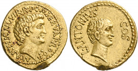Mark Antony and Lucius Antony, 41 BC. Aureus (Gold, 21 mm, 8.05 g, 12 h), mint travelling with Mark Antony, struck under the moneyer M. Cocceius Nerva...