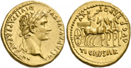 Augustus, 27 BC-AD 14. Aureus (Gold, 20 mm, 7.83 g, 12 h), Lugdunum, 13-14. CAESAR AVGVSTVS – DIVI F PATER PATRIAE Laureate head of Augustus to right....